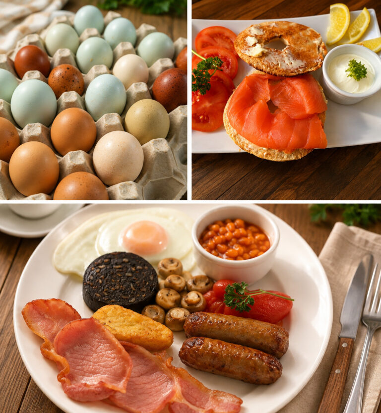organic eggs, salmon and classic cooked breakfast