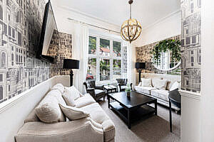 Lounge with sofas, TV and coffee table